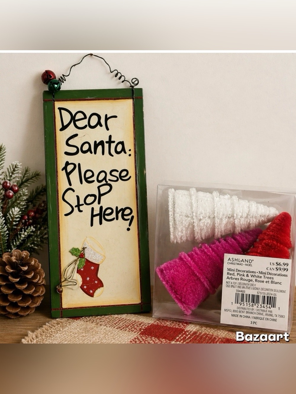 15” sign “Santa Stop Here” Christmas With Ashland Velvet Christmas Trees